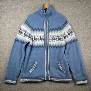 Alpaca Connection Zip Sweater Womens L Blue Lama Fair Isle Knit Boho Cardigan